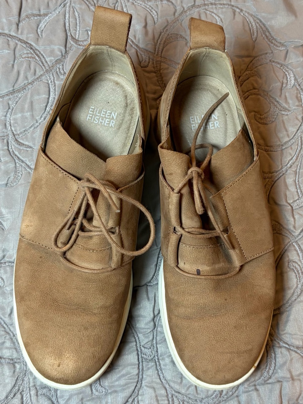 Eileen Fisher Kipling Nubuck Leather Sneakers 6.5 Tan Lace-up Coastal Casual